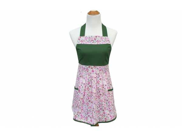Pink & Green Floral Pleated Front Apron front view tied in back