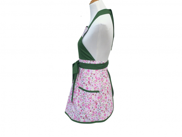 Pink & Green Floral Pleated Front Apron side view