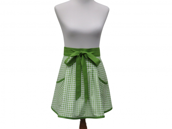 Women's Green & White Gingham Half Apron front view tied in front