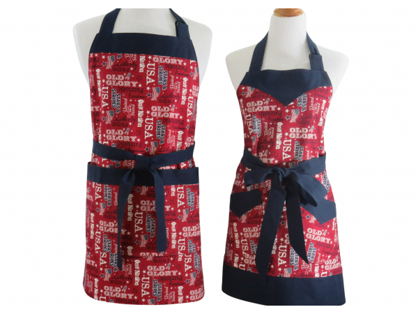 His & Her Matching Patriotic Apron Set front view tied in front