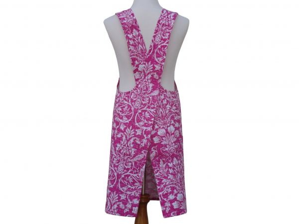 Hot Pink Magenta & White Floral Cross Back Apron back view