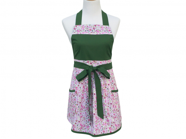 Pink & Green Floral Pleated Front Apron front view tied in front