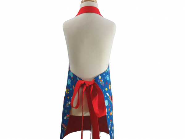 Kid's Rocket Ship & Space Themed Apron back view tied in back
