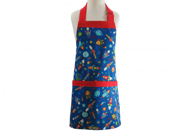 Kid's Rocket Ship & Space Themed Apron front view tied in back