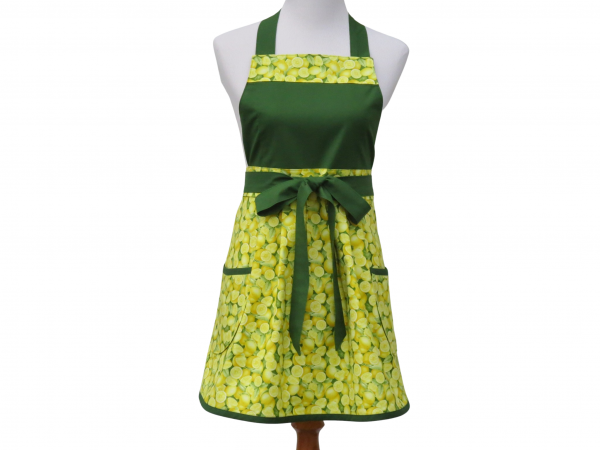 Green & Yellow Lemons Apron front view tied in front