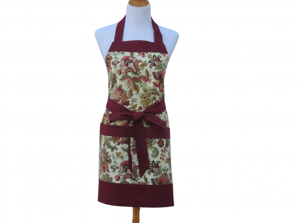 Women's Maroon & Green Floral Apron front view tied in front