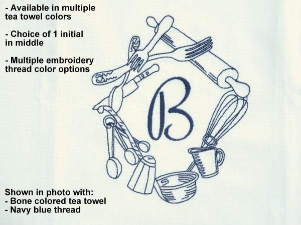 Monogrammed Tea Towels with Kitchen Utensils & Initial dimensions