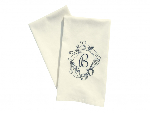 Monogrammed Tea Towels with Kitchen Utensils Frame & Initial