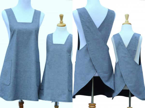 Mother Daughter Matching Blue chambray Japanese Cross Back Style Aprons