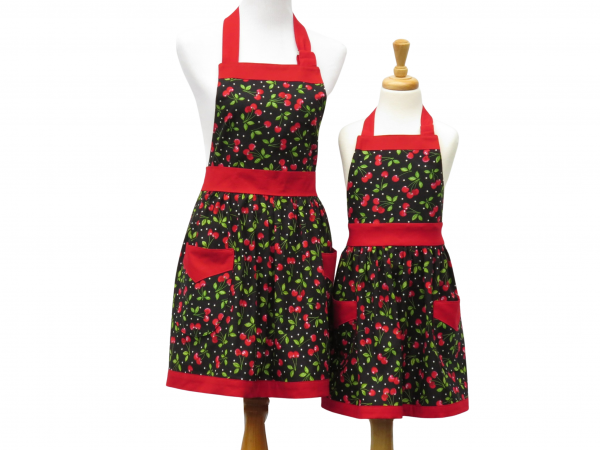 Mother Daughter Matching Cherries Apron Set front view tied in back