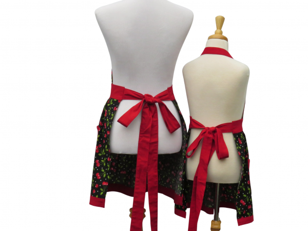 Mother Daughter Matching Cherries Apron Set back view tied in back