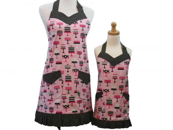 Mother Daughter Pink & Black Ruffled Apron Set front view tied in back