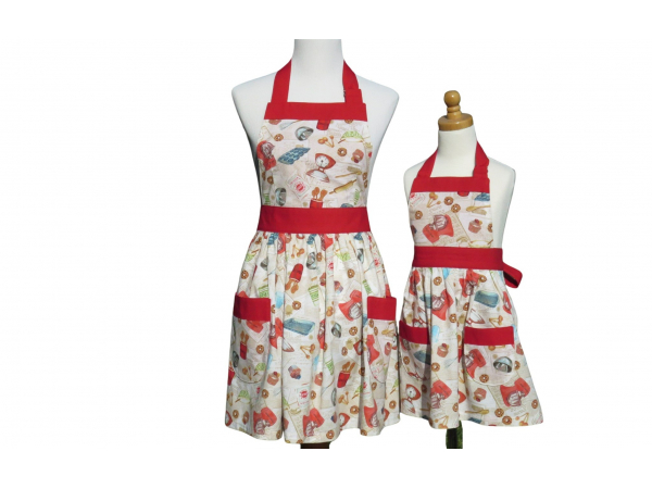 Mother Daughter Matching Cooking Themed Waist Apron Set front view tied in back