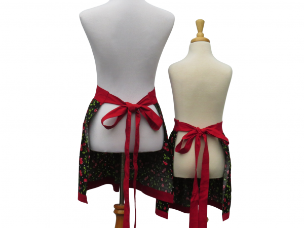 Mother Daughter Matching Cherries Half Aprons back view tied in back