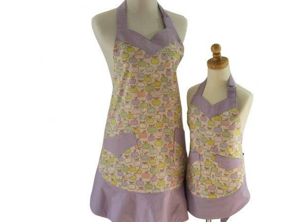 Mother Daughter Pastel Apple Aprons front view tied in back