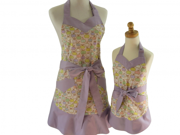 Mother Daughter Pastel Apple Aprons front view tied in front