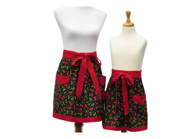 Mother Daughter Matching Cherries Half Aprons front view