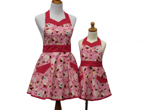 Mother Daughter Pink & Polka Dot Cupcake Apron Set front view tried in back