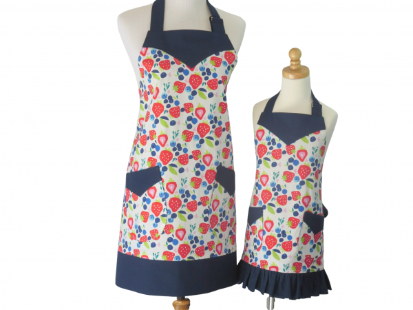 Mother Daughter Strawberries & Blueberries Apron Set front view tied in back