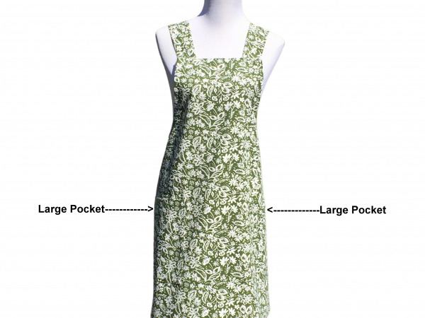 Women's Green & White Floral Cross Back Apron front view pockets