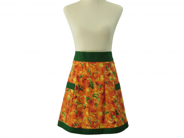 Women's Orange & Green Peaches Apron front view tied in back