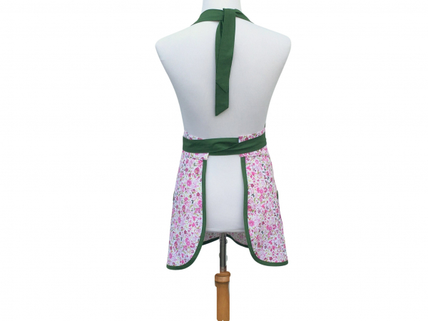 Pink & Green Floral Pleated Front Apron back view tied in front