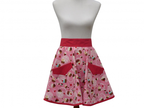 Women's Pink Cupcake Half Apron front view tied in back
