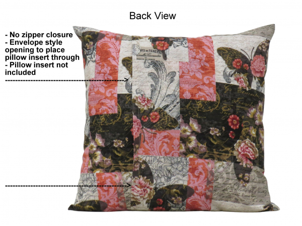 Pink, Black, & Gray Floral Butterflies Throw Pillow Cover back view