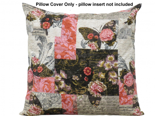 Pink, Black, & Gray Floral Butterflies Throw Pillow Cover front view