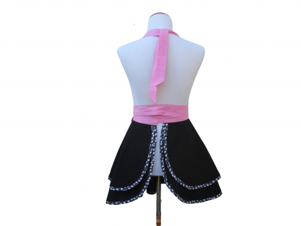 Women's Black & Pink Floral Retro Style Apron back view tied in front