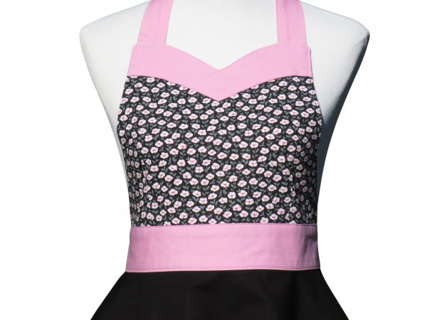 Women's Black & Pink Floral Retro Style Apron closeup of bib fabric
