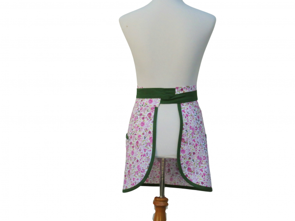 Pink & Green Floral Half Apron back view tied in front