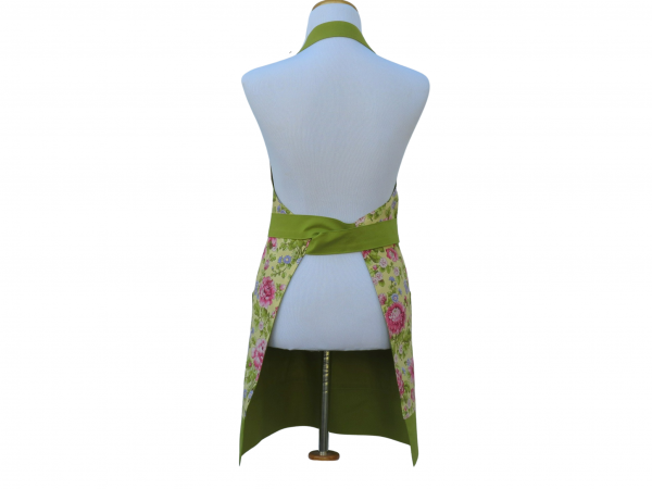 Women's Pretty Green, Pink & Yellow Floral Apron back view tied in front