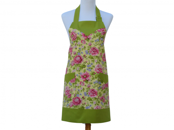 Women's Pretty Green, Pink & Yellow Floral Apron front view tied in back