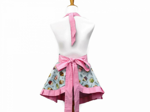 Women's Pleated Cupcake Retro Apron back view tied in back