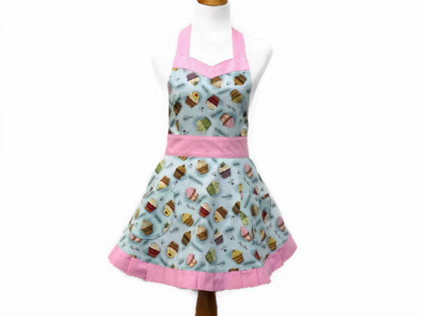Women's Pleated Cupcake Retro Apron front view tied in back