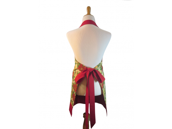Christmas Poinsettia Apron with Large Pockets back view tied in back