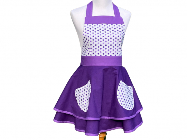 Women's Purple and Polka Dot Retro Style Apron front view tied in back