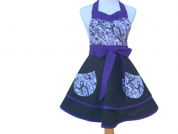 Women's Black & Purple Paisley Retro Apron front view tied in front