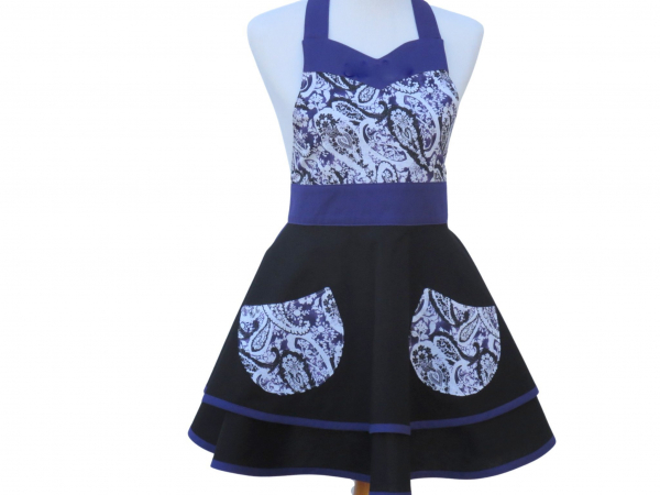 Women's Black & Purple Paisley Retro Apron front view tied in back