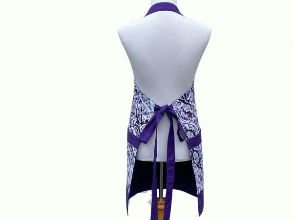 Women's Purple Paisley Apron with Large Pockets tied in back view