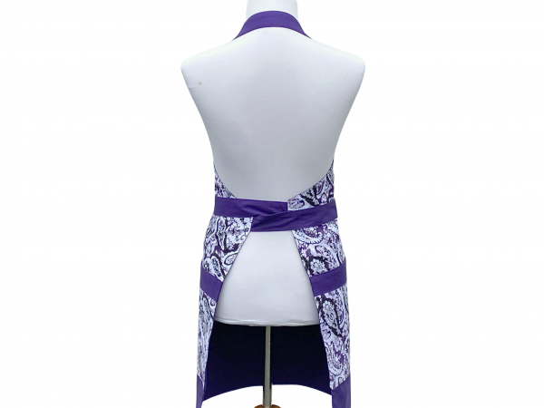 Women's Purple Paisley Apron with Large Pockets back view