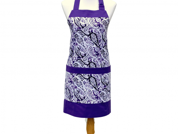 Women's Purple Paisley Apron with Large Pockets front view tied in back