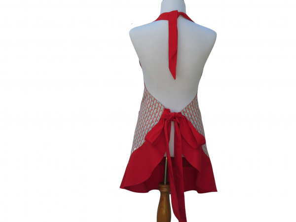 Women's Red & Blue Striped Floral Apron back view
