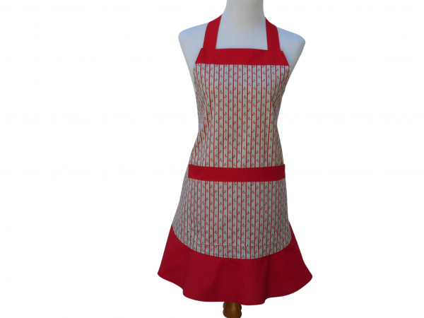 Women's Red & Blue Striped Floral Apron front view tied in back