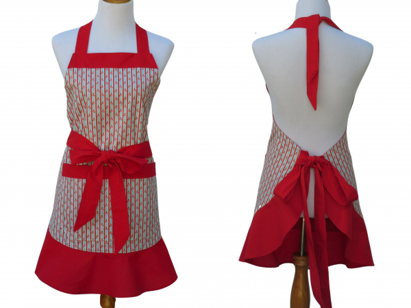 Women's Red & Blue Striped & Floral Apron front & back views