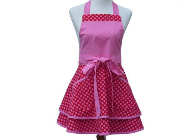 Pink & Red Polka Dot Retro Style Apron front view tied in front