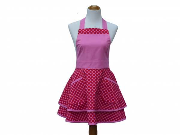 Pink & Red Polka Dot Retro Style Apron front view tied in back