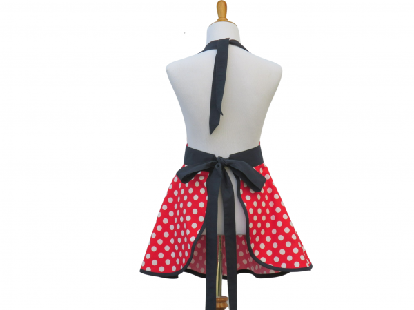 Women's Red, White & Blue Polka Dot Apron back view tied in back