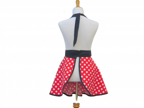 Women's Red, White & Blue Polka Dot Apron back view tied in front